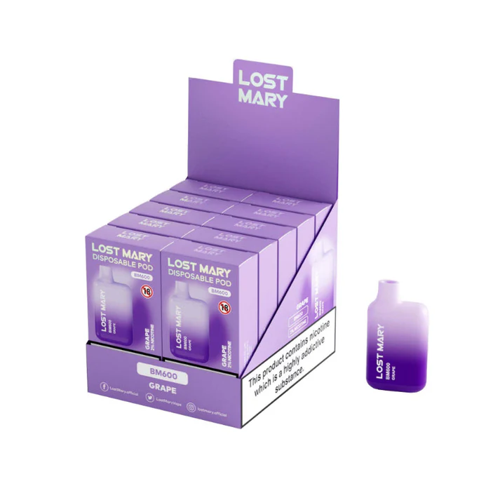 LOST MARY BM600 20mg Grape vaper desechable 600 calada 20 mg de nicotina caja de 10 vaper venta al mayor.webp